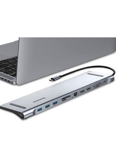 USB C Hub 11 in 1 Docking Station با 4K HDMI، 4x5Gbps 3.0 USB، RJ45 Ethernet، 60W Power USB-C Charging، 3.5mm Audio، VGA، Micro/SD Card Reader برای MacBook/Pro/Air، iPad، Samsung Galaxy و موارد دیگر خاکستری تیره