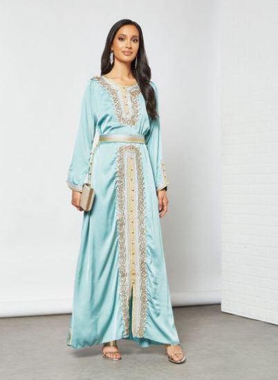 یقه گرد آستین بلند منجوق تزئین شده با جزئیات آبی کافتان مراکشی