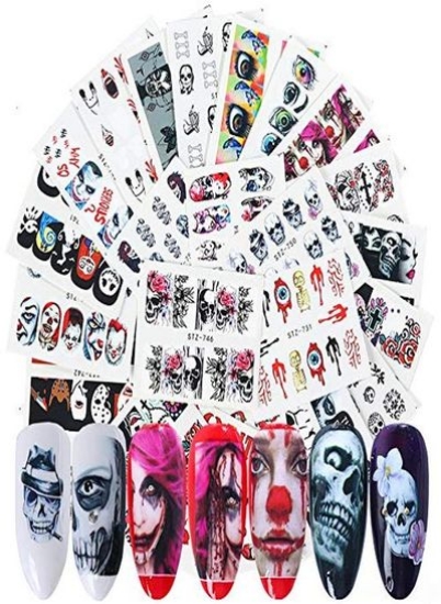 Ets Halloween Nail Art Stickers Day Of The Dead Nail Decals Nail Art Supplies Horror Ghost Skull Eye Clown هالک انتقال آب ناخن ها برگردان برگردان برای جشن هالووین تامین نکات مانیکور تزئینات