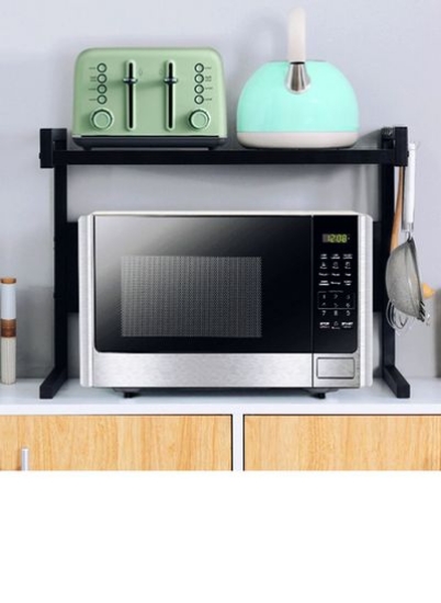 قفسه اجاق مایکروویو فلزی ECASA قفسه قابل افزایش لوازم آشپزخانه ظروف ذخیره سازی پیشخوان فضای ذخیره ساز کابینت نگهدارنده ادویه با 3 قلاب، ظرفیت وزن 60 پوند استیل ضد زنگ مشکی