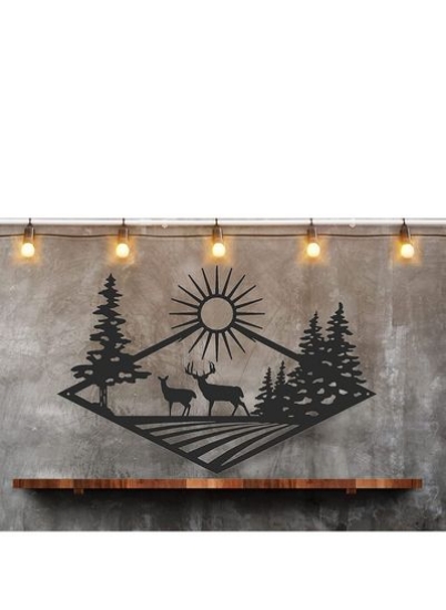 Morning Rise Deer Hunting آکریلیک مشکی تابلوی دیواری برای دکوراسیون کابین منزل برش لیزری (مشکی) سایز 18×10 اینچ