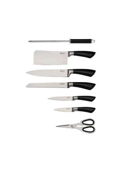 ست چاقو آشپزخانه EDENBERG | ست چاقوی آشپزخانه از جنس استیل ضد زنگ ممتاز با قیچی آشپزخانه و پایه مغناطیسی گردان - 8 عدد (نقره ای-مشکی)