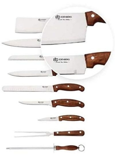 ست چاقو آشپزخانه EDENBERG 9 عدد | ست چاقوی آشپز قابل حمل برای میوه ها، سبزیجات، پنیر و گوشت آشپزخانه | کیسه چرم مسافرتی برای ست چاقو - ست 9 عددی، نقره ای قهوه ای