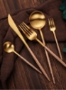 سرویس قاشق و چنگال طلایی 24 تکه ظروف تخت 6 نفره استیل ضد زنگ شامل چاقو/چنگال/قاشق/قاشق چایخوری، لبه صاف، رنگ بژ با جعبه هدیه.