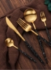 سرویس قاشق و چنگال طلا 24 تکه ست ظروف تخت از جنس استیل ضد زنگ برای شش نفر شامل چاقو/چنگال/قاشق/قاشق چایخوری، لبه صاف، رنگ مشکی با جعبه هدیه.