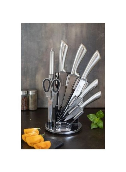 ست چاقو آشپزخانه ادینبورگ با پایه و تیز کننده - تیغه های فولادی ضد زنگ | دسته ارگونومیک ضد لغزش | چاقوهای سرآشپز حرفه ای- ست 8 عددی نقره ای