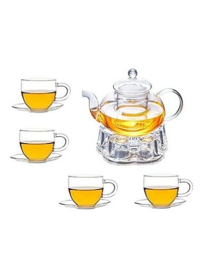 قوری شیشه ای با گرم کننده شکل قلب کریستالی و ست 4 فنجان چای شفاف