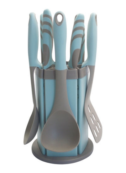 ابزار آشپزخانه و چاقوهای نایلونی شیک با نگهدارنده ۱۱ تکه آبی/خاکستری
