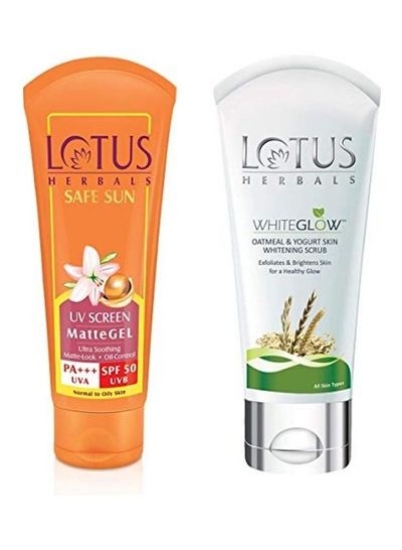 Herbals Safe Sun UV Screen Matte ژل SPF 50 با اسکراب سفید کننده پوست Lotus Herbals White Glow بلغور جو دوسر و ماست 200 گرم