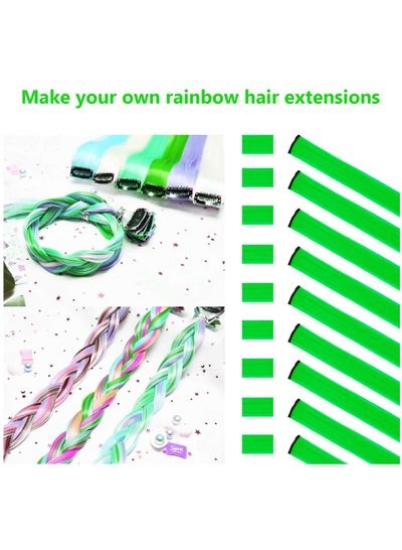 اکستنشن مو رنگی 22 اینچی مدل موی صاف، گیره هایلایت های چند رنگ مهمانی در اکستنشن مو مصنوعی (10 عدد سبز)