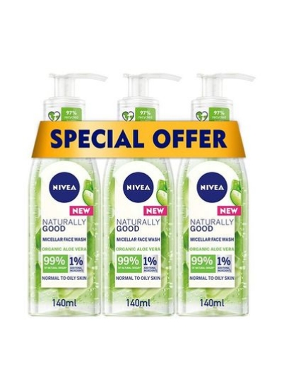 شستشوی صورت میسلار طبیعی NIVEA، آلوئه ورا ارگانیک، پوست معمولی و چرب، 3x140 میلی لیتر