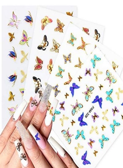 Ets Butterfly Nail Art Stickers 3D خود چسب برگردان ناخن رنگ طلایی طرح پروانه Nail Art لوازم آرایش ناخن استیکر فویل ناخن پروانه برچسب ناخن برای زنان تزئین مانیکور دخترانه دخترانه