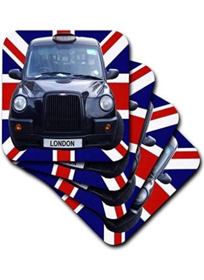 کابین تاکسی سیاه لندن روی زیر لیوانی کاشی سرامیکی پرچم بریتانیا مجموعه 4 4 رنگی 4x4x2.5 اینچی