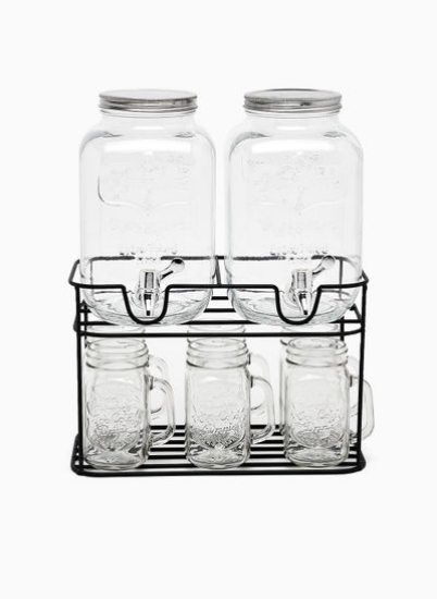 4 لیتری + 4 لیتری لیوان نوشیدنی دوگانه با پایه و 6 شیشه میسون - هر کدام 450 میلی لیتر Clear Double