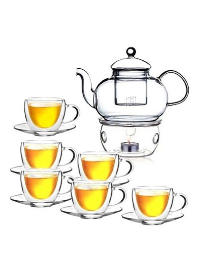ست فنجان چای و نعلبکی شیشه ای دوجداره بوروسیلیکات با قوری و شمع وارمر شفاف 120 میلی لیتری