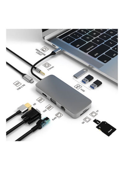 هاب USB شارژ سریع 10 در 1 نوع C تا ایستگاه اتصال 4K HDMI خاکستری