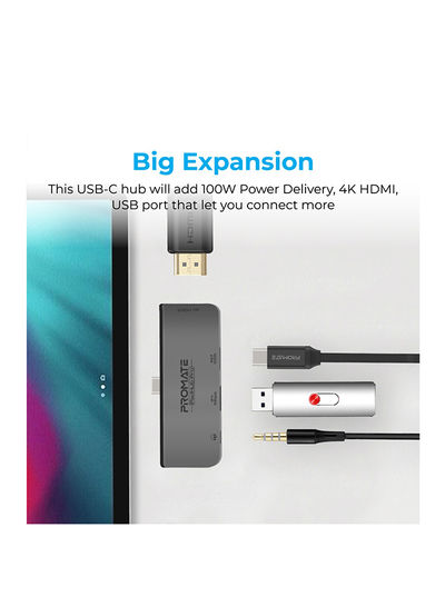 تصویر هاب USB-C با انتقال برق 100 واتی نوع C، درگاه USB 3.0، 4K HDMI و پورت 3.5 میلی‌متری، PadHub-Pro Gray 