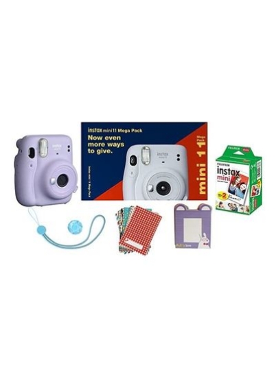 بسته Instax Mini 11 Mega Pack - دوربین Mini 11، 40 برگه اینستاکس، 2 باتری، برچسب فیلم Instax، دکمه های شاتر، Instax Bunting و چیزهای خوب