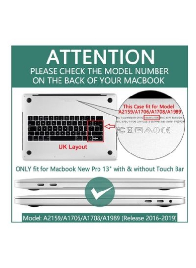 قاب محافظ سخت پوسته UK با صفحه کلید انگلیسی فرانسوی سازگار برای MacBook New Pro 13 اینچی مدل A1706 A1708 A2159 A1989 با نوار لمسی و Touch ID نسخه 2016 تا 2019 مشکی