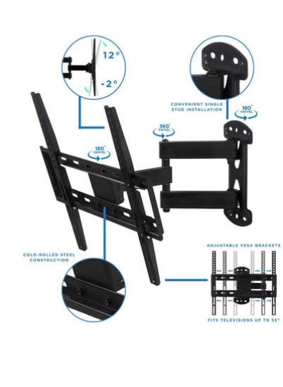 براکت گوشه ای برای پایه دیواری تلویزیون فول موشن بازوی بازوی مفصلی با شیب چرخشی مناسب 32 - 50 اینچ 66 پوند ظرفیت مشکی