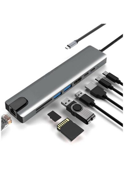 هاب USB C 8 در 1 نوع C با درگاه اترنت 4K HDMI HDTV PD 2USB TYPE-C SD TF RJ45 آداپتور برای صفحه نمایش تلویزیون