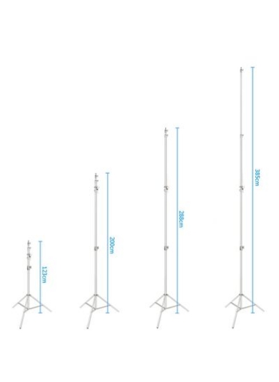استودیو عکس نقره‌ای ضد زنگ COOPIC L380 پایه نور دو طرفه حداکثر ارتفاع 385 سانتی‌متر و بازوی بوم قابل تنظیم 119-216 سانتی‌متر شامل کیسه شن آبی برای پشتیبانی از فلاش سافت‌باکس چتری برای نور ویدئوی پرتره