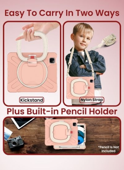قاب محافظ رنگارنگ مقاوم ضد ضربه Moxedo با پایه چرخشی 360، بند شانه، جای قلم برای کودکان سازگار برای Apple iPad Air4/Air5 10.9 / Pro 11 2018/2020/2021 - رزگلد