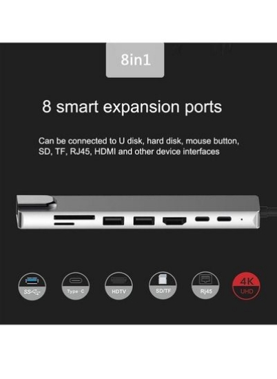 مک بوک 2018/2017/2016 MacBook Pro 2018/2017 Chromwbook جدید 8in1 USB 3.0 به هاب USB-C آداپتور شارژ سریع 4K HDMI سازگار با USB-C.