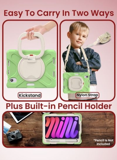 قاب محافظ رنگارنگ مقاوم در برابر ضربه سنگین Moxedo با پایه چرخشی 360، بند شانه و قلم نگهدارنده برای کودکان سازگار با اپل آی‌پد مینی 6 - Matcha Green