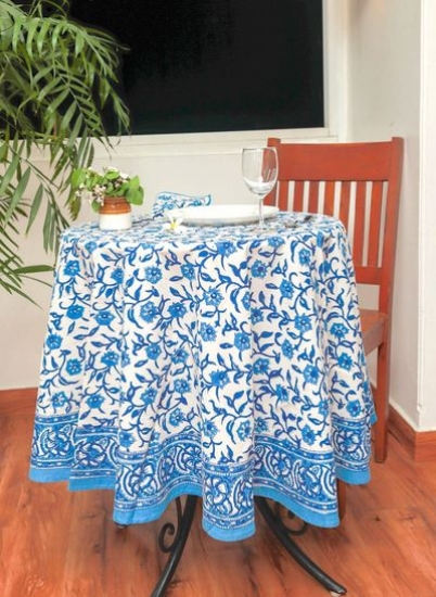 جلد میز آبی نخی خالص چاپ شده با بلوک گرد (L- 65 اینچ X W- 65 اینچ)