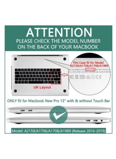 قاب محافظ سخت پوسته UK چینش صفحه کلید عربی انگلیسی سازگار برای MacBook New Pro 13 اینچی مدل A1706 A1708 A2159 A1989 با نوار لمسی و شناسه لمسی عرضه 2016 تا 2019 Crystal Clear