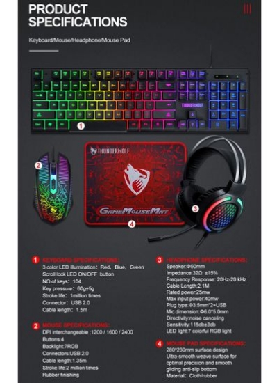 ست کیبورد گیمینگ TF400 Wired Rainbow RGB با نور پس زمینه با هدست نورپردازی RGB و موس پد ضد لغزش