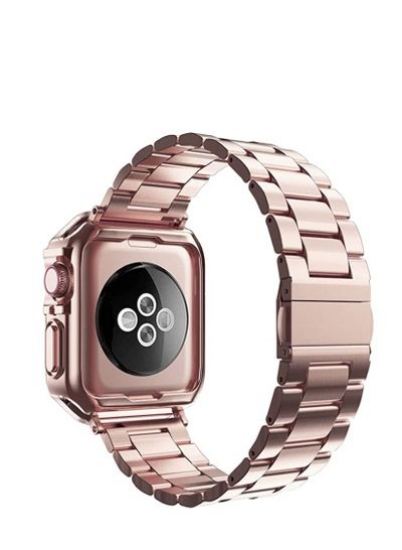 سازگار با بند اپل واچ، طراحی شده برای i-Watch Strap Series 7 6 5 4 3 2 1 SE، زنجیر فلزی از جنس استنلس استیل با قاب TPU، طراحی شده برای اتصال دستبند ساعت هوشمند آیفون با بند مچی رز طلایی