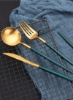 سرویس قاشق و چنگال طلا 24 تکه ست ظروف تخت از جنس استیل ضد زنگ برای شش نفر شامل چاقو/چنگال/قاشق/قاشق چایخوری، لبه صاف، رنگ سبز با جعبه هدیه.