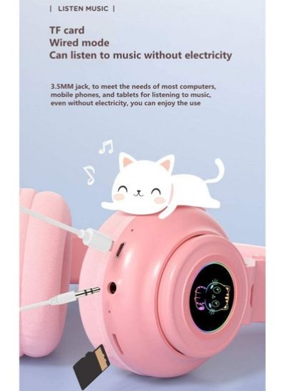 هدفون بلوتوث بی سیم تاشو با چراغ LED گوش گربه برای دختران و پسران
