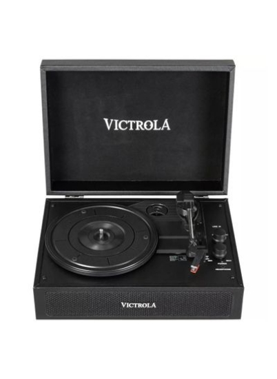 چمدان بلوتوث Victrola Parker ضبط وینیل قابل حمل 3 سرعته LP گردان با بلندگوهای استریو داخلی Aux-In RCA Out Black