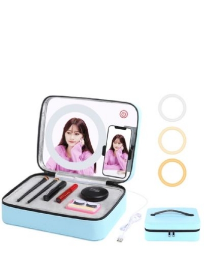 PULUZ 20cm 7.9 اینچ 3 حالت چراغ حلقه ای قابل تنظیم چند منظوره پخش زنده آرایشی آینه کیسه ذخیره سازی لوازم آرایشی با گیره تلفن (آبی)