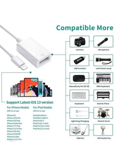 آداپتور دوربین لایتنینگ به USB آداپتور کابل USB 3.0 OTG سازگار با iPhone/iPad، USB Female از کارت خوان اتصال، U Disk، صفحه کلید، ماوس، USB Flash Drive-Plug &amp; Play پشتیبانی می کند.