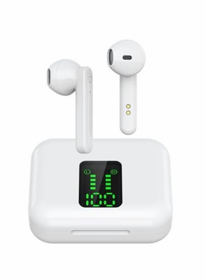 هدفون بلوتوث بی سیم، iPX5 قابل شارژ 5.0 نیمه داخل گوش مقاوم در برابر آب و عرق با میکروفون، لمسی، کیف شارژ LCD هوشمند، باس صدای فراگیر و حذف نویز (سفید)