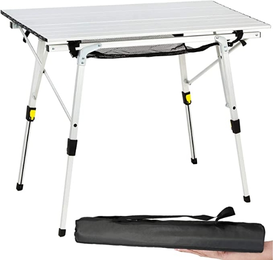 Rness Outdoor Camping Table Folding Portable Picnic with Aluminum Legs Adjustable Height Roll Up Tabletop Mesh