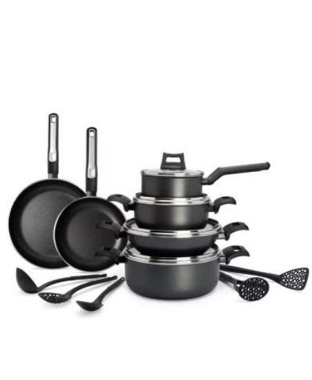 تصویر  سرویس قابلمه 15 پارچه بلک اند دکر BLACK+DECKER 15-Piece Non-Stick Cookware Set (2 Fry Pans, 2 Casseroles, Saucepan, Kadai, 4 Lids & 5 Spatulas) with 5 Layer PTFE Non-Stick Spray Coating BXSGS15BME Black 7.69kg