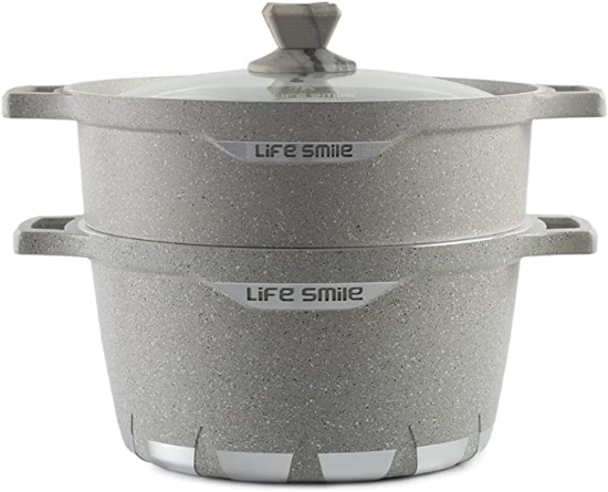 تصویر  قابلمه بخار پز لایف اسمایل LIFE SMILE Multipurpose Steam Pot 2-Tier, Aluminum Granite Coating Pot and Steamer Pot - Cooking Pot with Lid Suitable for Soups, Stews and Pasta, Vegetables, Seafood (32 CM(9.5 Liters), Grey)