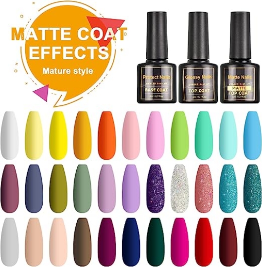 🌺【Volume】36 pieces x 8 ml. 33 coloured varnishes. With 1 x base, 1 x top coat, 1 x matt top coat. The nail polish set is ideal for professional beauty salons or personal use at home.