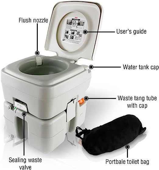 تصویر توالت فرنگی کمپینگ و سفری Serenelife Outdoor Portable Toilet With Carry Bag, Travel Toilet With Level Indicator | | 3 Way Pistol Flush | Rotating Spout, For Camping, Boating, Traveling & Roadtripping 