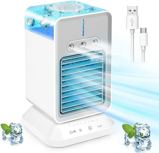 تصویر  مینی کولر قابل حمل رو میزی  Portable Air Conditioner Cooling Fan, Rechargeable Small Air Conditioner, Evaporative Mini Air Conditioner, 3 Win Speeds & 2-8H Timer, Personal Air Cooler with Humidifier for Room Bedroom Office Desk