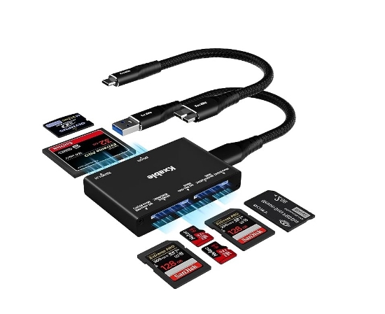 تصویر  اس دی کارت ریدر   برند Kxable   رنگ مشکی  SD Card Reader 7 in 1, Kxable USB 3.0 Memory Card Reader/Writer 5Gbps, for SD/Micro SD/MS/CF/MMC/XD/SDHC/SDXC Camera Memory Card, Reader for Mac OS, Windows, Linux- with 2 USB A/C to Micro 3.0 Cables