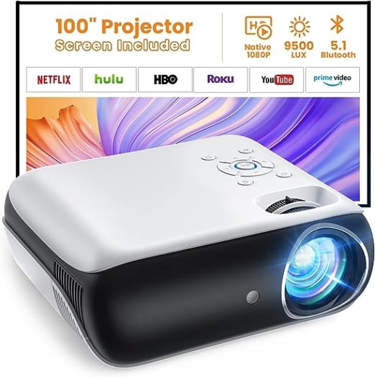 تصویر  ویدئو پروژکتور مینی قابل حمل  برند HAPPRUN  رنگ سفید   Projector, Native 1080P Bluetooth Projector with 100''Screen, 9500L Portable Outdoor Movie Projector Compatible with Smartphone, HDMI,USB,AV,Fire Stick, PS5