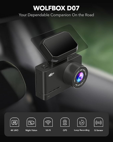 تصویر  دوربین داشبورد خودرو  مدل D07 برند WOLFBOX  قابلیت فیلم برداری جلو و عقب و ضبط کردن به همراه سنسور سونی   WOLFBOX 4K Dash Cam Built-in WiFi GPS Dashboard Camera Front 4K/2.5K and Rear 1080P Dual Car Recorder with Sony Sensor, Mini Security DashCam with 2.45" LCD, 170° Wide Angle