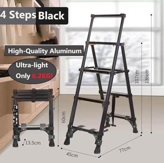 تصویر  نردبان قابل تنظیم و قابل حمل سبک ظرفیت 150 کیلو گرم  E Telescoping Ladder, A-Frame Aluminum Telescopic Ladder with 1-Button Retraction, Portable Extension Ladder Adjustable Lightweight Folding Ladder for Home, 150kgs Capac
