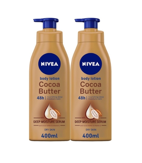 لوسیون بدن نیوآ کره کاکائو و ویتامین E حجم 400 میل لیتر | NIVEA Body Lotion Moisturizing Dry Skin, Cocoa 2x400ml	